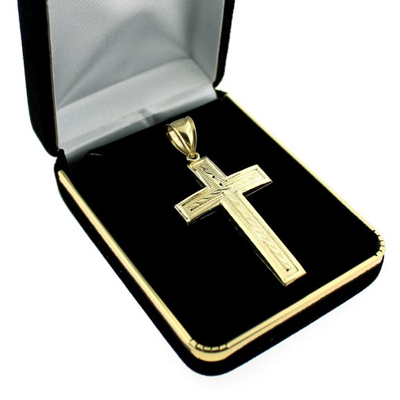 Real 10K Yellow Gold Large Diamond Cut Cross Pendant - Picture 4 of 5